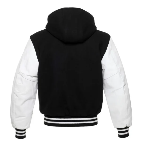 Black and White Hooded Varsity Wool Jacket