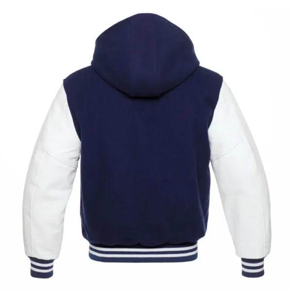 Navy and White Hooded Varsity Wool Jacket