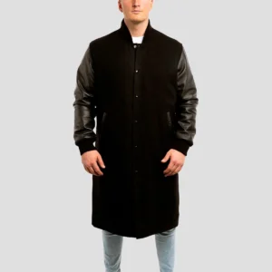 Black Wool Body & Black Leather Sleeves Letterman Coat