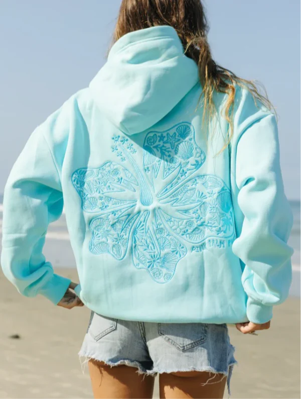 Pink Palm Puff Hawaii Hibiscus Aquamarine Women Hoodie