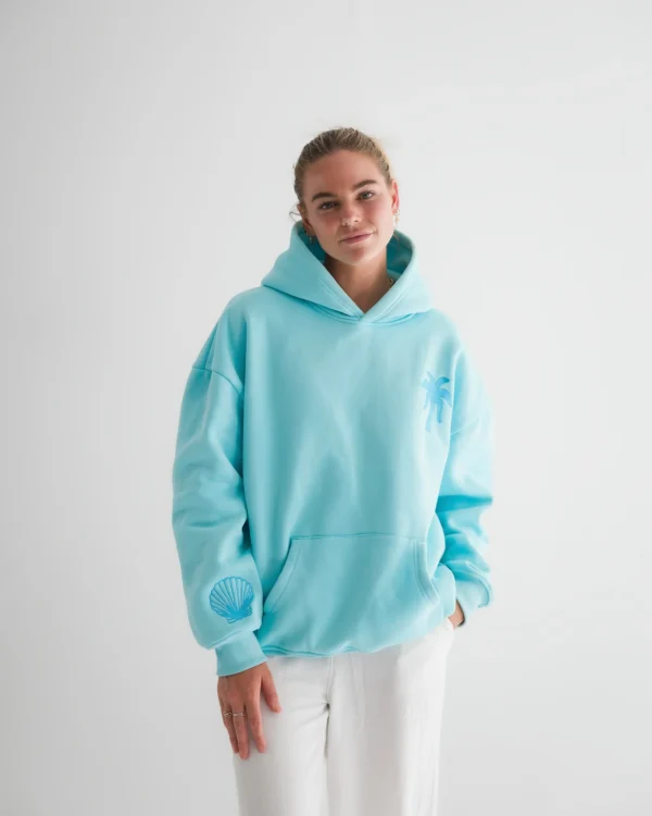 Pink Palm Puff Women Hawaii Hibiscus Aquamarine Hoodie