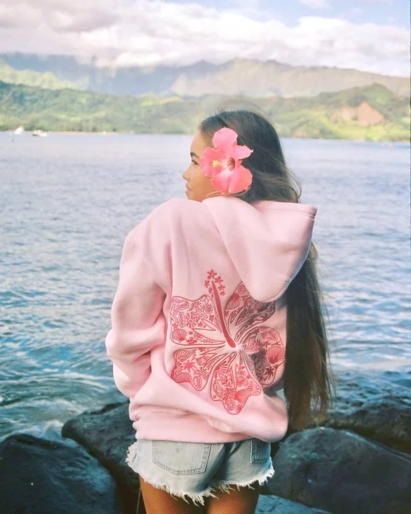 Pink Palm Puff Women Hawaii Hibiscus Pink Hoodie