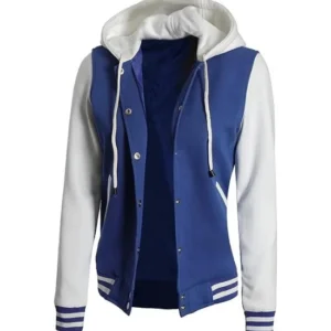 Women Blue and White Varsity Hooded Jacket