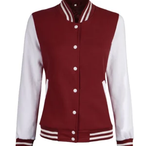 Women Maroon White Varsity Jacket