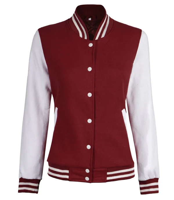 Women Maroon White Varsity Jacket