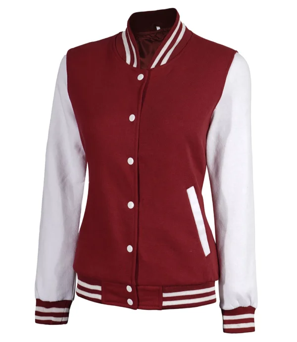 Women Maroon and White Varsity Jacket