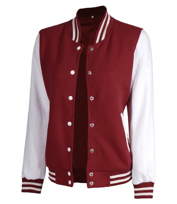 Women Maroon and White Varsity Jackets